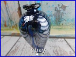 Art Glass Signed Perfume Bottle Clear Blue Silver Draped Pulled Feather Vtg