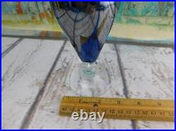 Art Glass Signed Perfume Bottle Clear Blue Silver Draped Pulled Feather Vtg