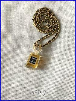 Auth Vintage CHANEL NECKLACE Gold & Black Leather Chain Perfume Bottle Pendant
