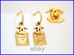 Auth vintage Chanel stud pierced earrings CC No. 5 perfume bottle dangle #st3044