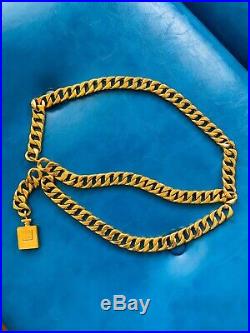 Authentic Vintage CHANEL Gold Tone Curb Chain Coco Perfume Bottle Medallion Belt