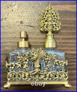 BEAUTIFUL Vintage 3pc Perfume Set, Ormolu Filigree, Glass Bottles, Dauber
