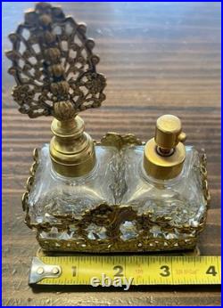 BEAUTIFUL Vintage 3pc Perfume Set, Ormolu Filigree, Glass Bottles, Dauber