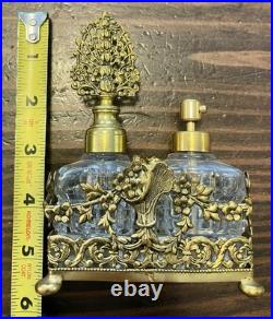 BEAUTIFUL Vintage 3pc Perfume Set, Ormolu Filigree, Glass Bottles, Dauber