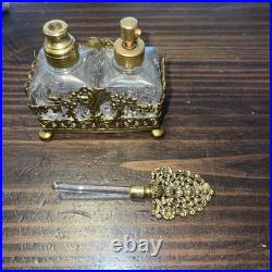 BEAUTIFUL Vintage 3pc Perfume Set, Ormolu Filigree, Glass Bottles, Dauber