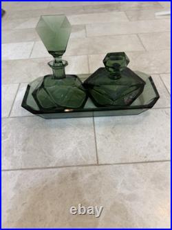 BEAUTIFUL, emerald green, Art Deco Vintage Perfume Bottle Set W Tray