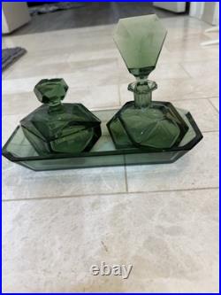 BEAUTIFUL, emerald green, Art Deco Vintage Perfume Bottle Set W Tray