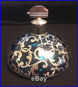 Beautiful Vintage Silver Overlay Perfume / Atomizer with Blue Glass Art Deco