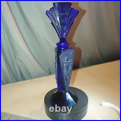 Blue Glass Perfume Bottle Vintage Art Deco 1930 Nude Scent Figure