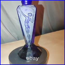 Blue Glass Perfume Bottle Vintage Art Deco 1930 Nude Scent Figure