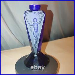 Blue Glass Perfume Bottle Vintage Art Deco 1930 Nude Scent Figure