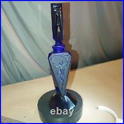 Blue Glass Perfume Bottle Vintage Art Deco 1930 Nude Scent Figure