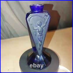 Blue Glass Perfume Bottle Vintage Art Deco 1930 Nude Scent Figure