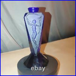 Blue Glass Perfume Bottle Vintage Art Deco 1930 Nude Scent Figure