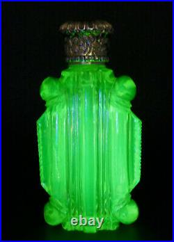 C1880, ANTIQUE 19thC URANIUM GLASS SOLID SILVER GILT PERFUME SCENT BOTTLE