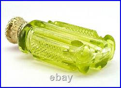 C1880, ANTIQUE 19thC URANIUM GLASS SOLID SILVER GILT PERFUME SCENT BOTTLE
