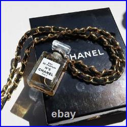 CHANEL NO. 5 Perfume Mini Bottle Necklace Leather Vintage Gold Black vAccessory
