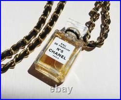 CHANEL NO. 5 Perfume Mini Bottle Necklace Leather Vintage Gold Black vAccessory