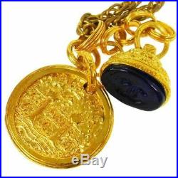 CHANEL Vintage CC Logos Medallion Stone Gold Chain Pendant Necklace AK16648c