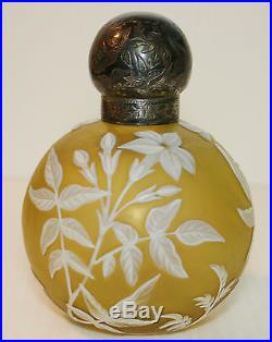 Cameo Glass PERFUME BOTTLE Vintage Sterling Silver Cap Etched Yellow RARE