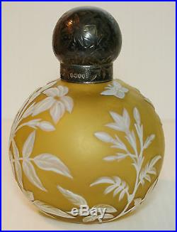 Cameo Glass PERFUME BOTTLE Vintage Sterling Silver Cap Etched Yellow RARE