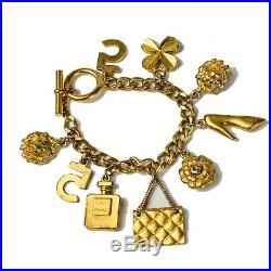 Chanel Charm Bracelet Gold Vintage Shoe Lion Bag No 5 Perfume Bottle Cuff