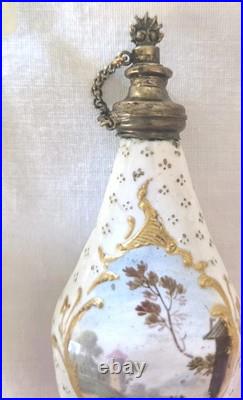 Charming Antique Bilston Double Sided Romantic Vignettes Scent Bottle Gold Leaf
