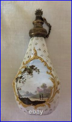 Charming Antique Bilston Double Sided Romantic Vignettes Scent Bottle Gold Leaf