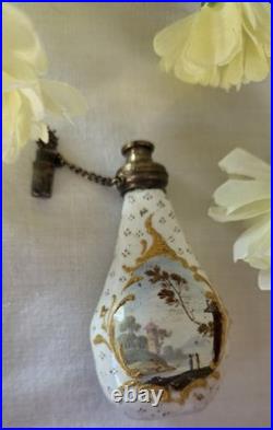 Charming Antique Bilston Double Sided Romantic Vignettes Scent Bottle Gold Leaf
