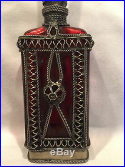 Collectible Rare Red Vintage Moroccan Cologne/After Shave Bottle Glass & Metal
