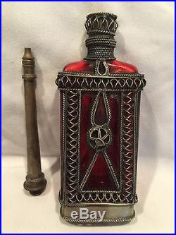 Collectible Rare Red Vintage Moroccan Cologne/After Shave Bottle Glass & Metal