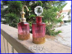 Cranberry and brass French Vintage Atomizer and Bottle Perfume Bottle Set