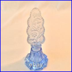 Czech Blu Glass Crystal Perfume Bottle Ornate Floral Dauber Facet Base Vtg Antik