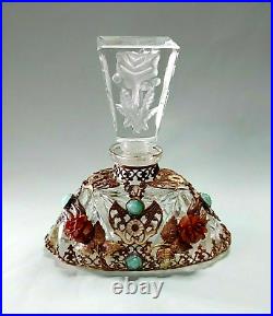 Czech Glass Ormolu Perfume Bottle Art Deco Antique Jeweled Vintage Made SIGNED