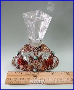 Czech Glass Ormolu Perfume Bottle Art Deco Antique Jeweled Vintage Made SIGNED