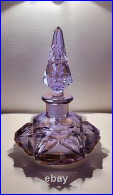 Czechoslovakia Cut Lead Crystal Amethyst Perfume Bottle Geometric Design Vintage