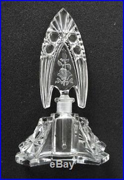 Czechoslovakia vintage art glass perfume bottle etched roses stopper