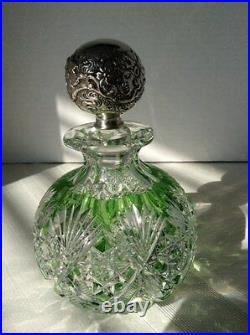 Dorflinger Bulbous Green/clear Cologne Bottle, Ornate Sterling Stopper, Antique