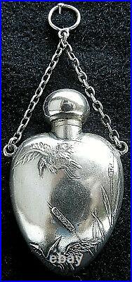 Exquisite Antique Solid Silver Birds & Plant Perfume Bottle Chatelaine Pendant