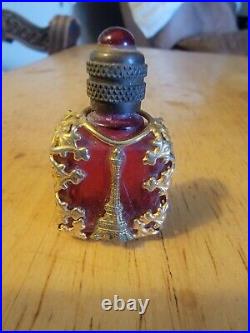 Exquiste Vintage Red And Gold Miniature Perfume Bottle With Eiffeil Tower FRANCE