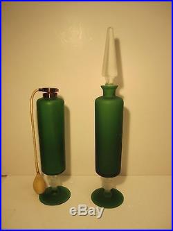 Fabulous Vintage Large Frosted Green & Clear Satin Glass Perfume Bottle Set