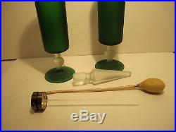 Fabulous Vintage Large Frosted Green & Clear Satin Glass Perfume Bottle Set