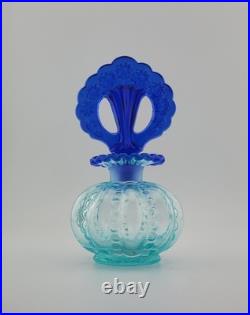 Fenton Aqua Iridized Glass Perfume Bottle Cobalt Blue Stopper Vintage Art Glass