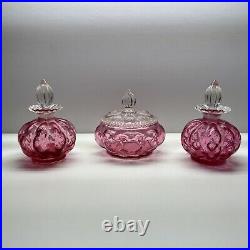 Fenton Cranberry Glass Powder Jar & 2 Perfume Bottles Vintage BEAUTIFUL