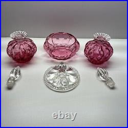 Fenton Cranberry Glass Powder Jar & 2 Perfume Bottles Vintage BEAUTIFUL