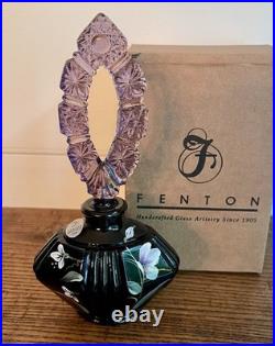 Fenton-Vintage Black Art Glass Hand Painted Perfume Bottle-Original Box & Labels