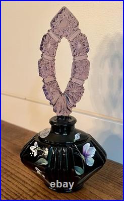 Fenton-Vintage Black Art Glass Hand Painted Perfume Bottle-Original Box & Labels