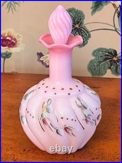 Fenton Vintage Pink Rosalene Glass Hand Painted Perfume Bottle MINT
