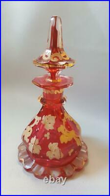 Fine Antique Bohemian Cranberry Cut Glass Perfume Bottle with Gold Enamel
