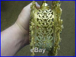 Fine Pair Vintage Stylebuilt Gold Ormolu Rose Glass Large Vanity Perfume Bottles